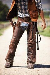 Person, outdoors and gun ready to shoot for standoff or gunfight in duel for wild western culture...