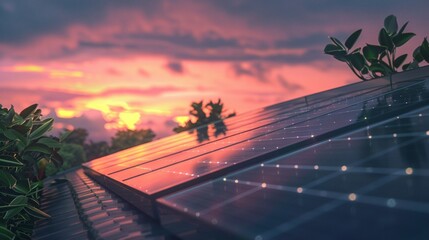 Fototapeta premium In the golden glow of sunset, solar energy panels stands in home's roof or in nature. Greenhouse, ecology industry and technology concept. Solar energy, photovoltaic power.