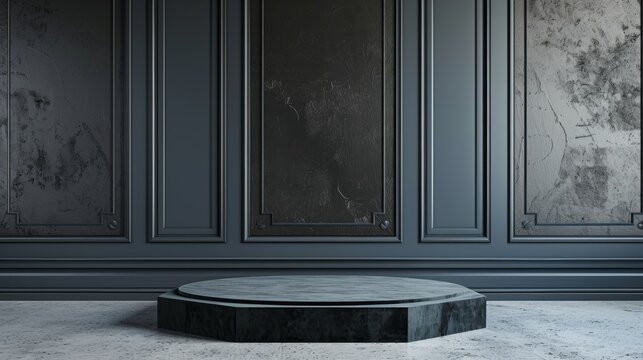 Empty product podium with black pentagon against a classic art deco background