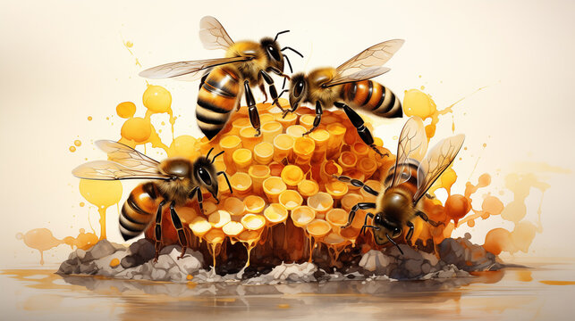 A detailed watercolor painting of a bee hive, showcasing the intricate honeycomb structure and the busy activity of the bees.