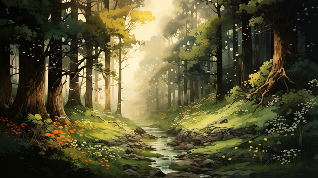 A watercolor painting depicts a serene forest stream, with lush greenery and dappled sunlight filtering through the trees.