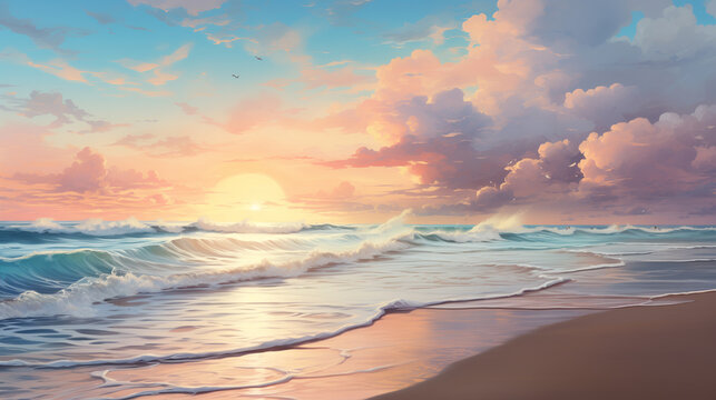 Soft shades of orange and pink adorn the sky in a watercolor painting of a sunset seascape.