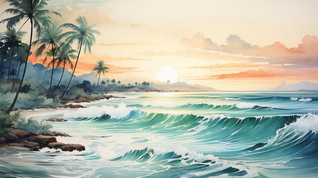 A watercolor painting depicts a tropical beach at sunset, featuring palm trees and large ocean waves.