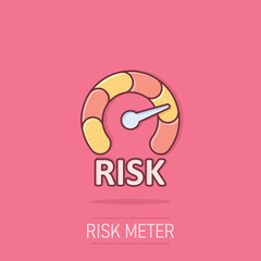 Risk meter icon in comic style. Rating indicator cartoon vector illustration on isolated background. Fuel level sign splash effect business concept.