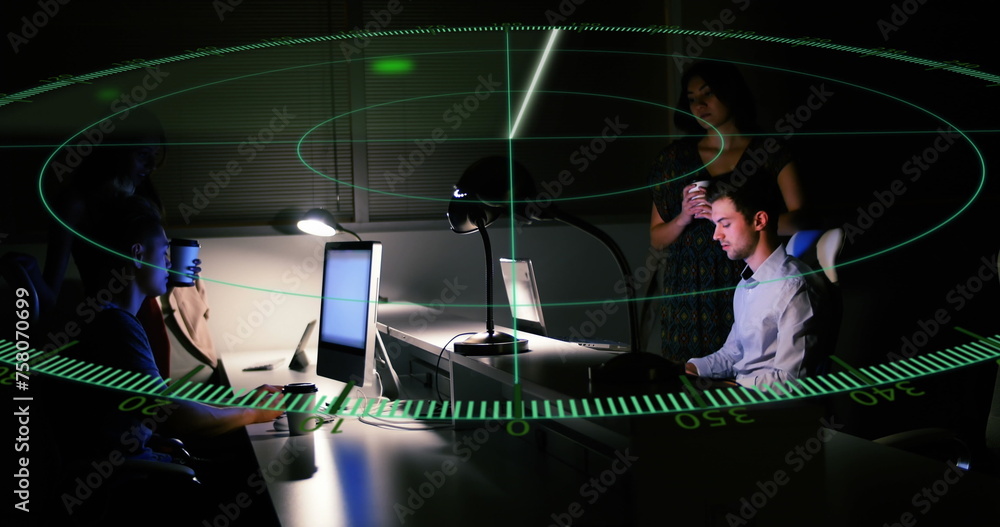 Poster image of scope and data processing over diverse business people in office