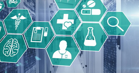 Image of multiple medical icons against computer server room
