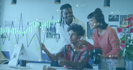 Image of multiple graphs with changing numbers over diverse coworkers discussing on desk