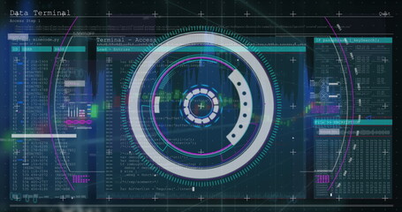 Image of circles over computer language and old computer interface against graph in background