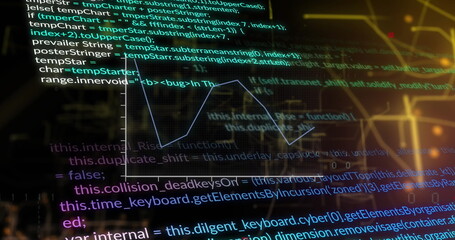 Image of graph over computer language against illuminated map interface in background