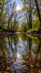 Fototapeta na wymiar Rzeka w lesie podczas wiosny - Generative AI