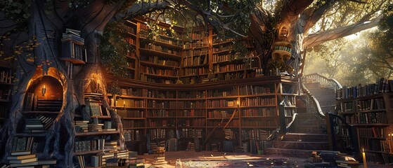 Enchanted Tree Library with Ancient Tomes