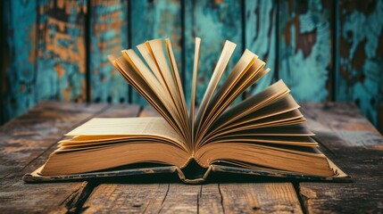 Old large thick book opened in the middle on a wooden table