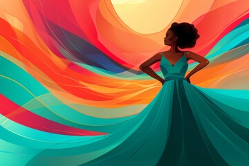 A beautiful plus size woman with dark skin, wearing an elegant long teal dress, posing confidently in front of a colorful background