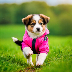 푸른 들판을 뛰어노는 분홍색 자켓을 입은 강아지 귀엽다