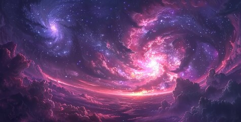 A beautiful sky with swirling stars and galaxies, fantasy landscape in the style of anime