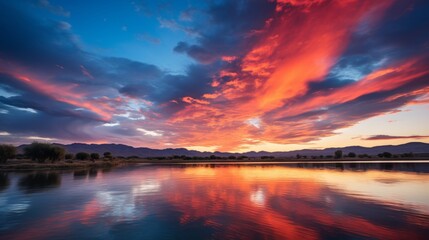 Tranquil mountain sunset with colorful sky reflected on peaceful lake in serene landscape