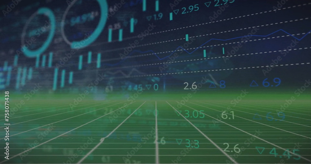 Poster image of stock market and data processing over clouds and shapes