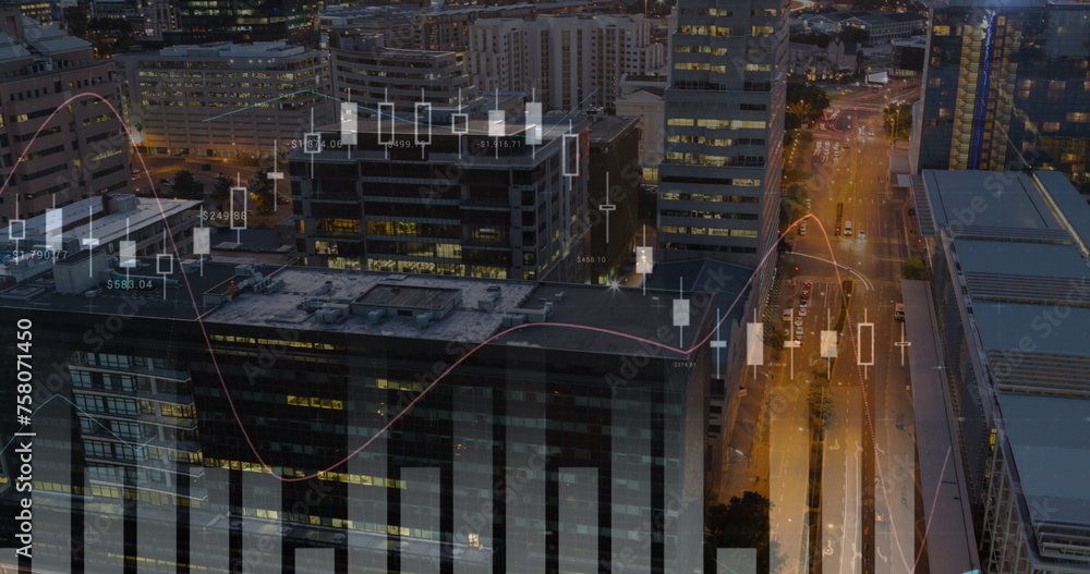 Poster digitally generated image of graphs moving in the screen with background of buildings in a city duri