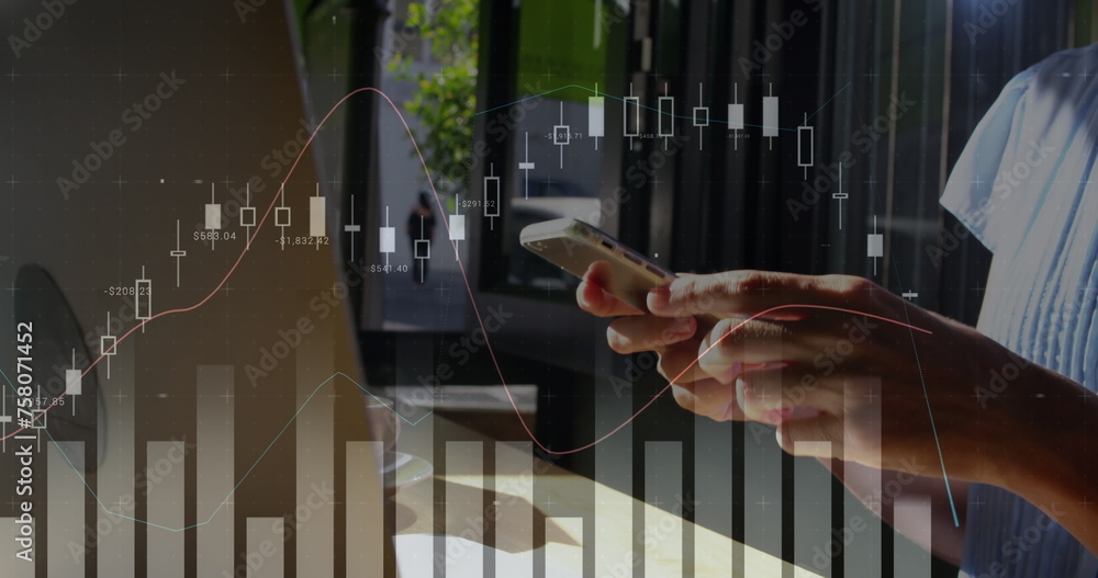 Poster digital composite of a woman using a smart phone and laptop while graph move in the screen 4k