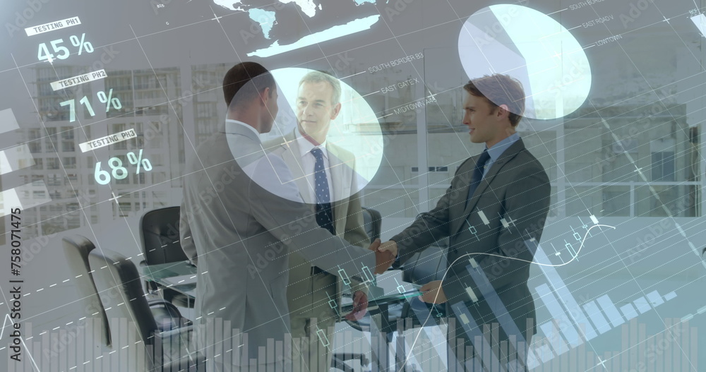 Aufkleber digital composite of diverse businessmen meeting in an office while different graphs move in the for