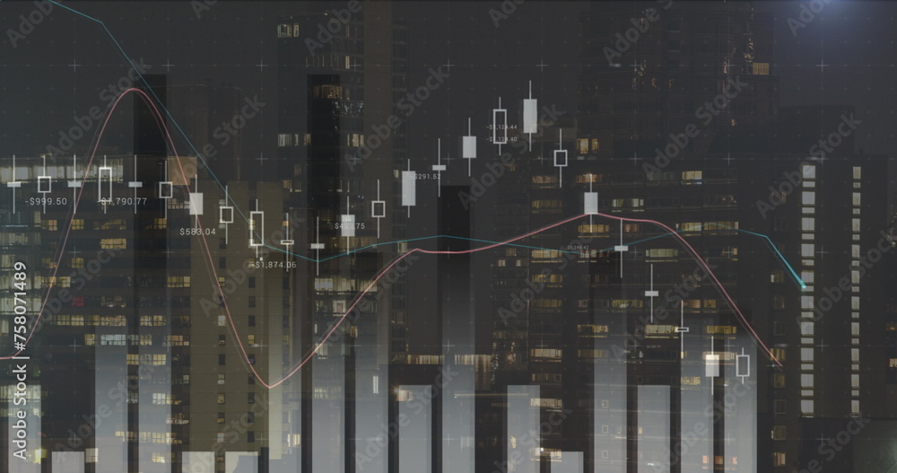 Poster digital image of different graphs moving in the screen with background of the city with tall buildin