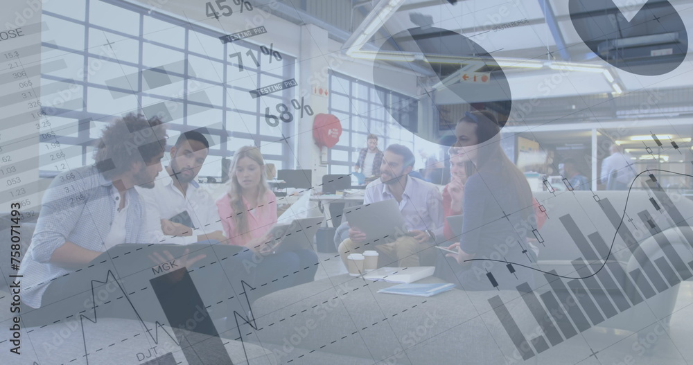 Aufkleber digital composite of diverse business people inside an office having a meeting while graphs move in