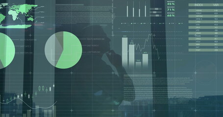 Image of financial data processing over caucasian businessman looking through window