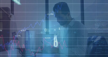 Image of financial data processing over caucasian businessman taking notes