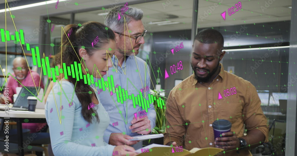 Aufkleber image of multiple graphs with changing numbers over diverse coworkers discussing reports