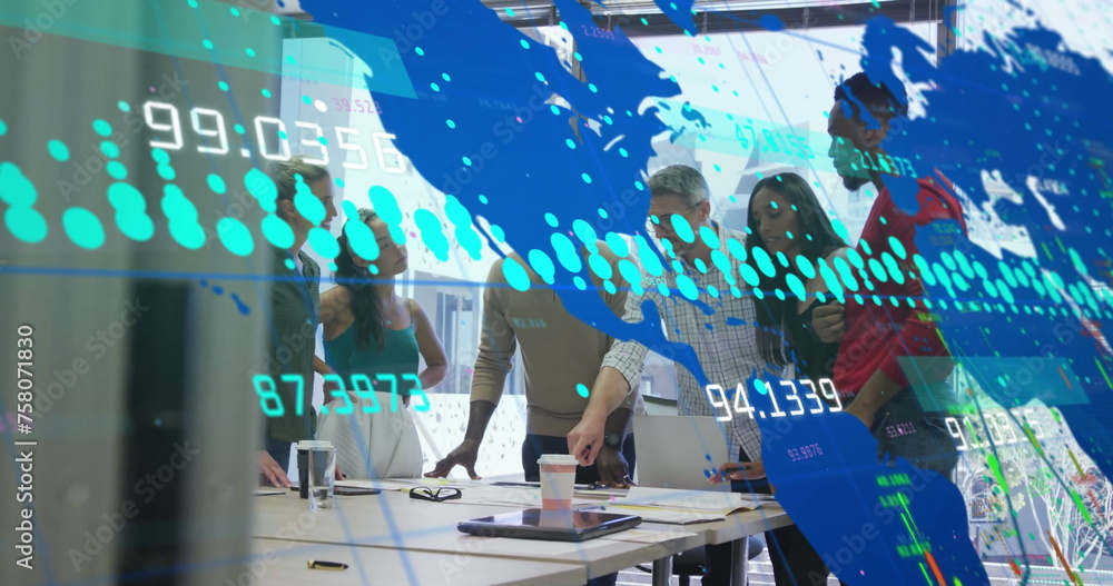 Poster image of graphs, changing numbers, map and computer language, diverse coworkers sharing ideas