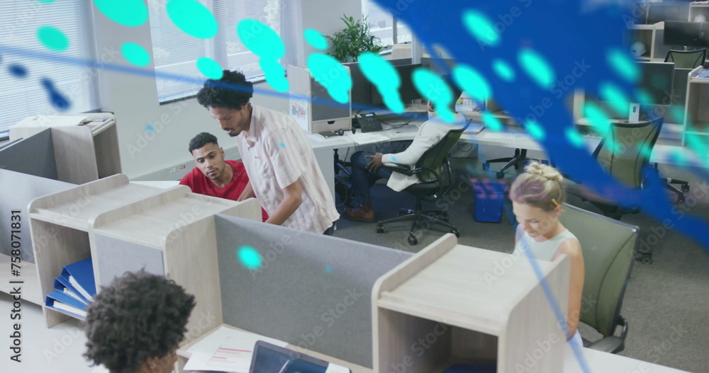 Poster image of graphs, changing numbers, map and computer language, diverse coworkers sharing ideas