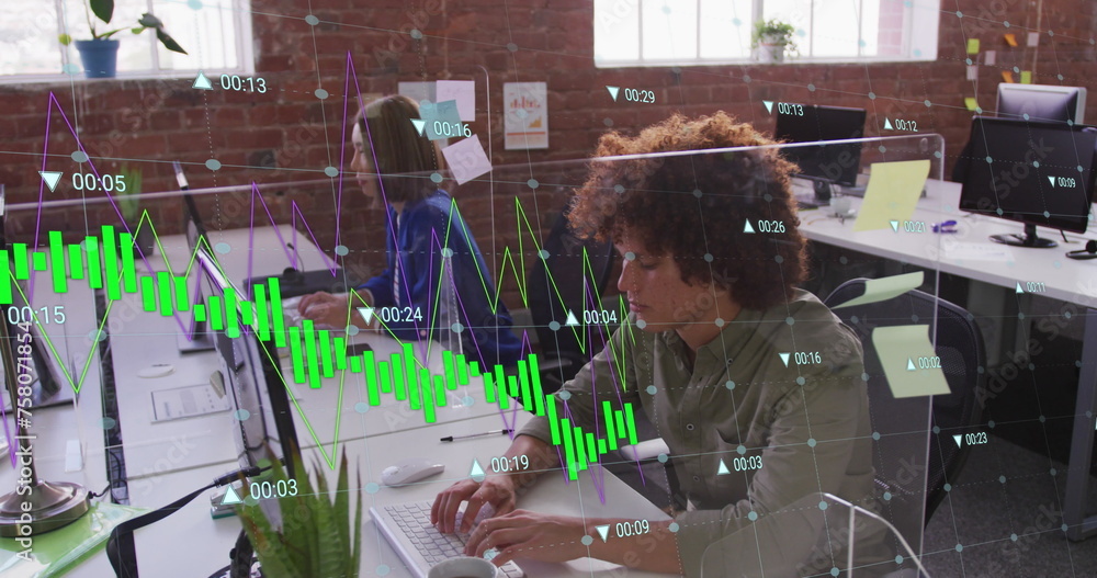 Aufkleber image of multiple graphs with changing numbers over biracial man working on computer in office