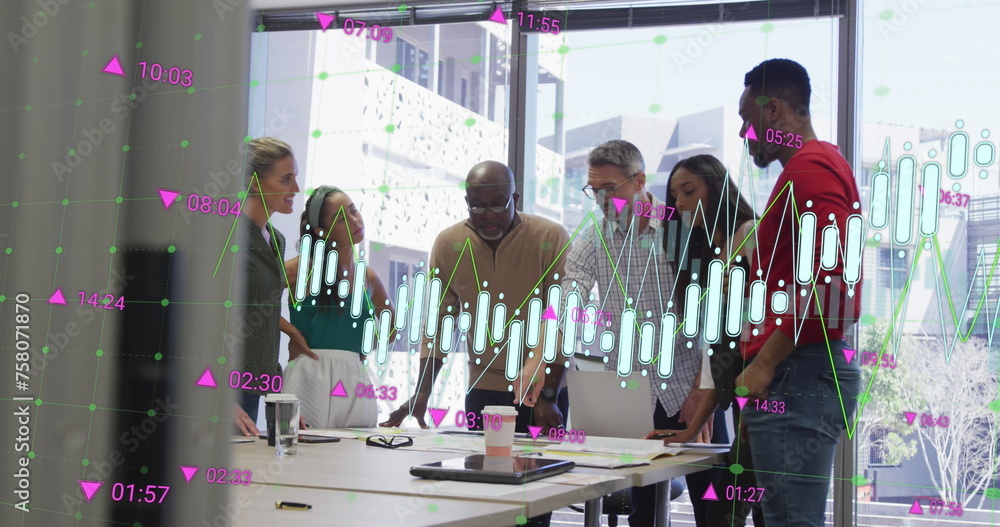 Poster image of multiple graphs and changing numbers over diverse architects discussing blueprint