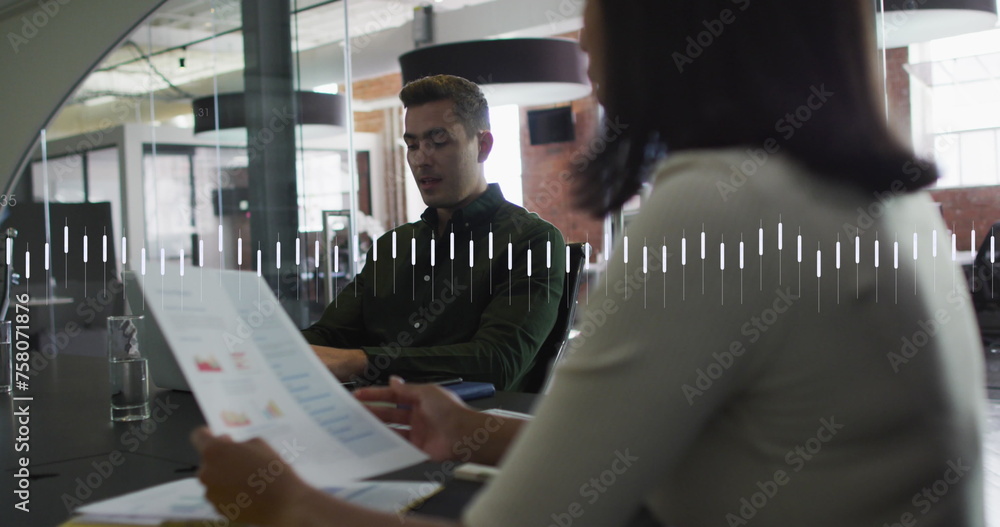 Aufkleber image of graph and changing numbers over diverse coworkers discussing reports in office