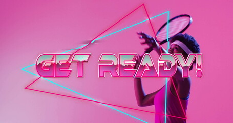 Image of get ready text, neon pattern african american female tennis player