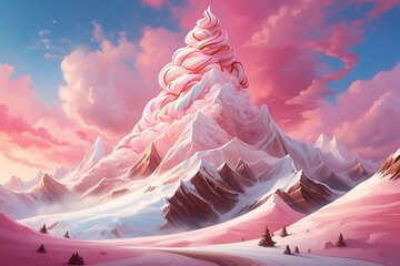 Fantasy landscape with snowy mountains and blue sky