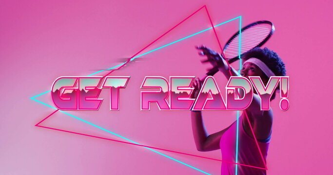 Image of get ready text, neon pattern african american female tennis player