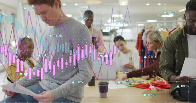 Image of multiple graphs and changing numbers over diverse coworkers analyzing reports