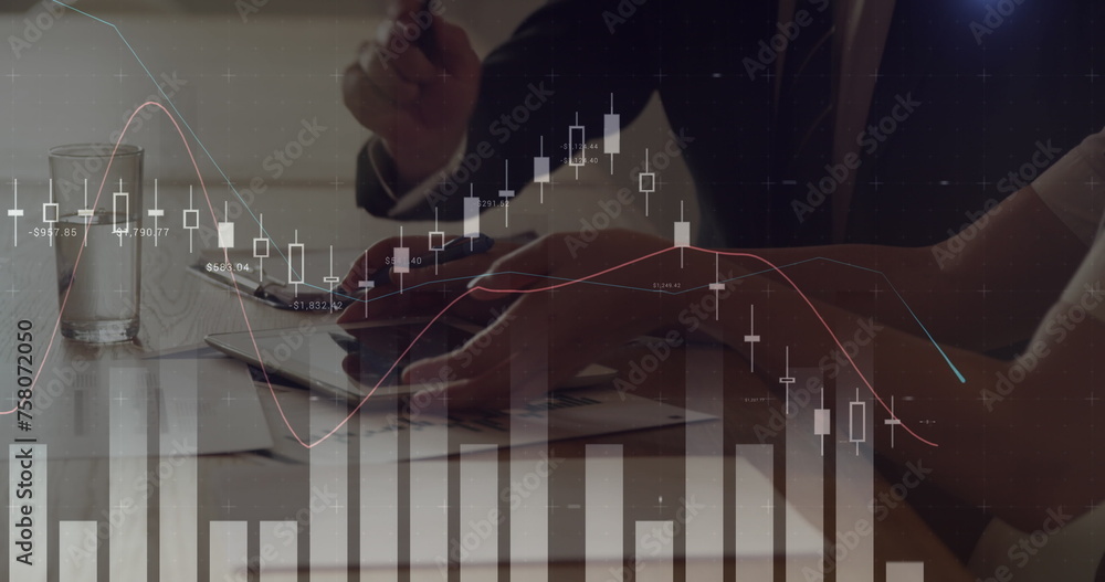 Poster Digital composite of a man and woman discussing while using a touchscreen tablet and graphs move in 