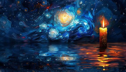 A candle on the water, night sky background, swirls of color and light in shades of blue and red