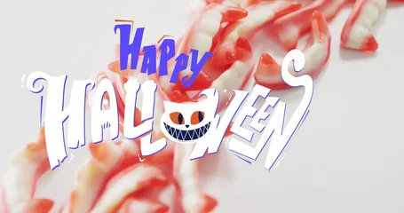 Crédence de cuisine en verre imprimé Bonbons Image of happy halloween text with cat over teeth sweets