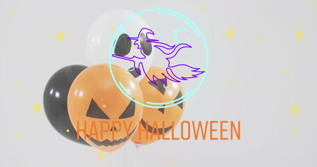 Fototapeta premium Image of happy halloween text over neon witch and orange and black balloons