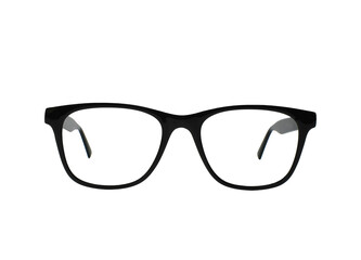 Front view of glasses with a black frame isolated on a plain white background. Copy space.