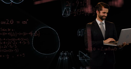 Image of caucasian businessman over mathematical equations on black background