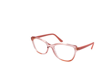 Pair of glasses with a pink frame isolated on a plain white background. Copy space.