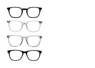 Front view of pairs of glasses with grey and black frames isolated on a plain white background....