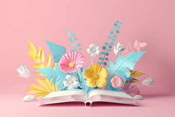 big books and flowers on the pink background, 3d rendering illustration