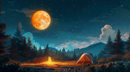 Fotobehang A night camp under the stars where kids listen to stories from a talking moon © Seksan