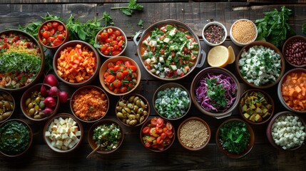  An assortment of colorful, fresh salads and whole foods arranged in a variety of rustic bowls on a...