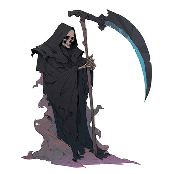 An illustration of the Grim Reaper wearing black robes and holding a large scythe